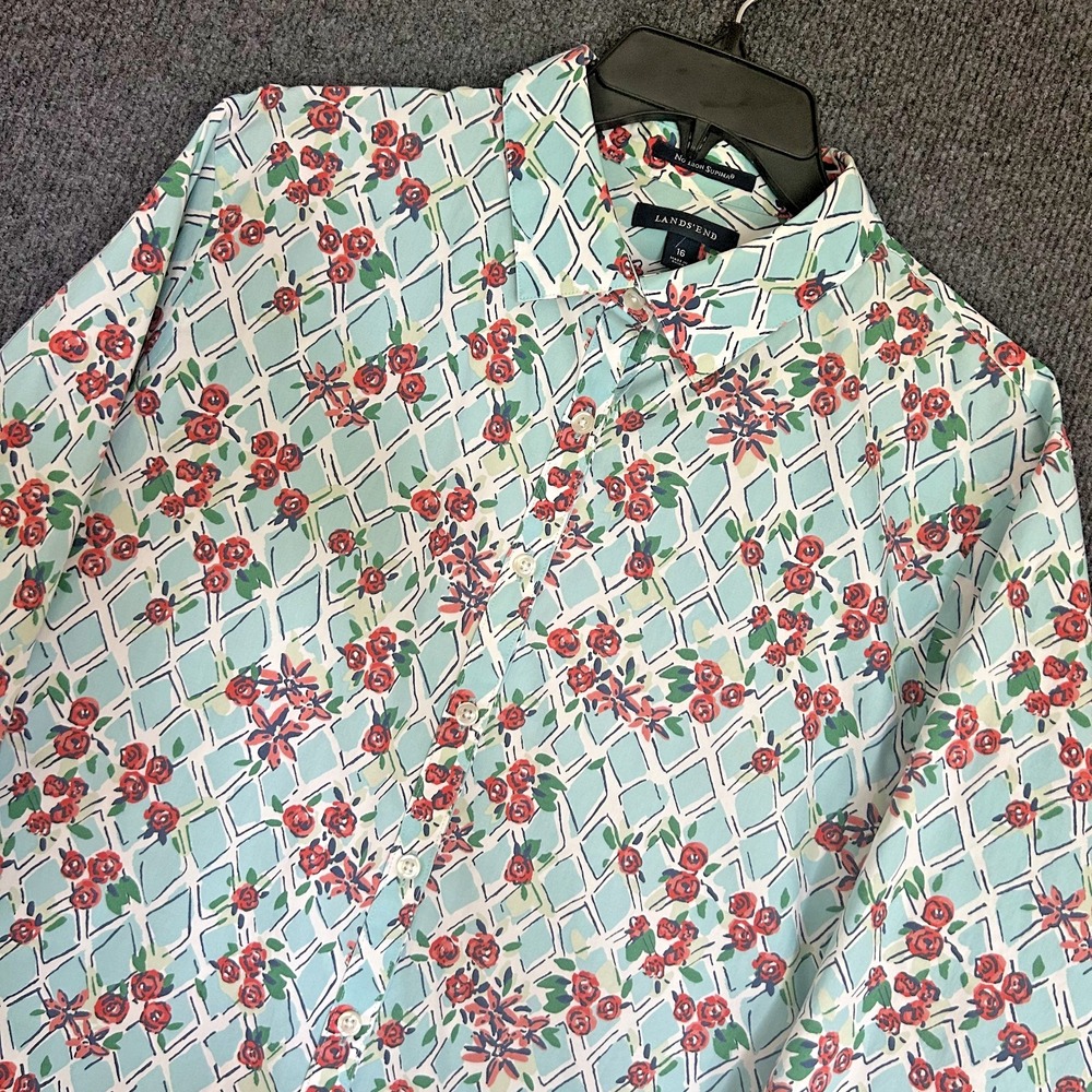 Lands End Women's 16 Shirt No Iron Supima LS Button Down Floral Garden Preppy